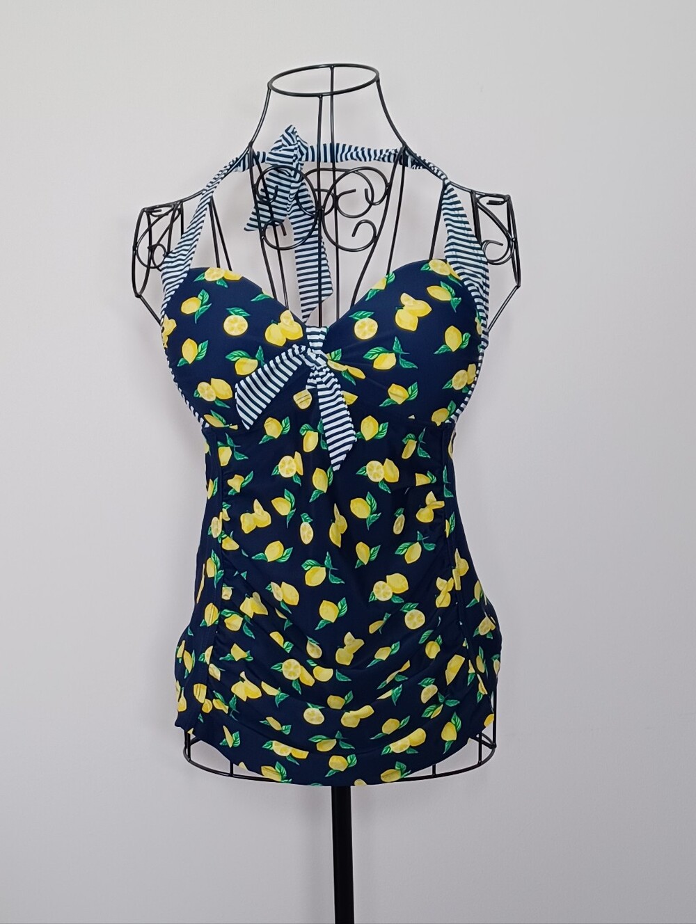 🍋 Merona Retro Lemon & Stripe Halter Tankini Top- Size S